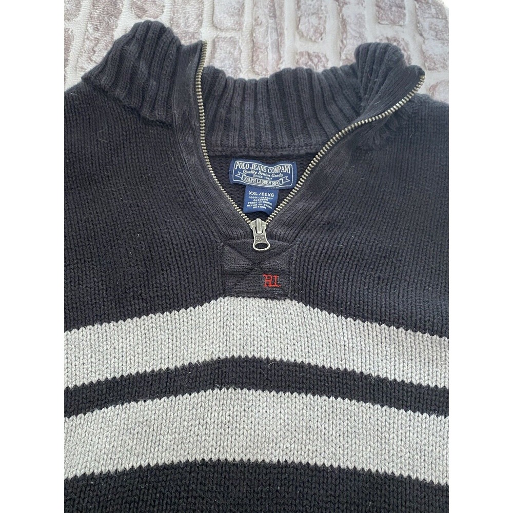 Ralph Lauren Polo Jeans Sweater 2XL Black Striped 1/4 Zip RL‎ Y2k Preppy Ribbed